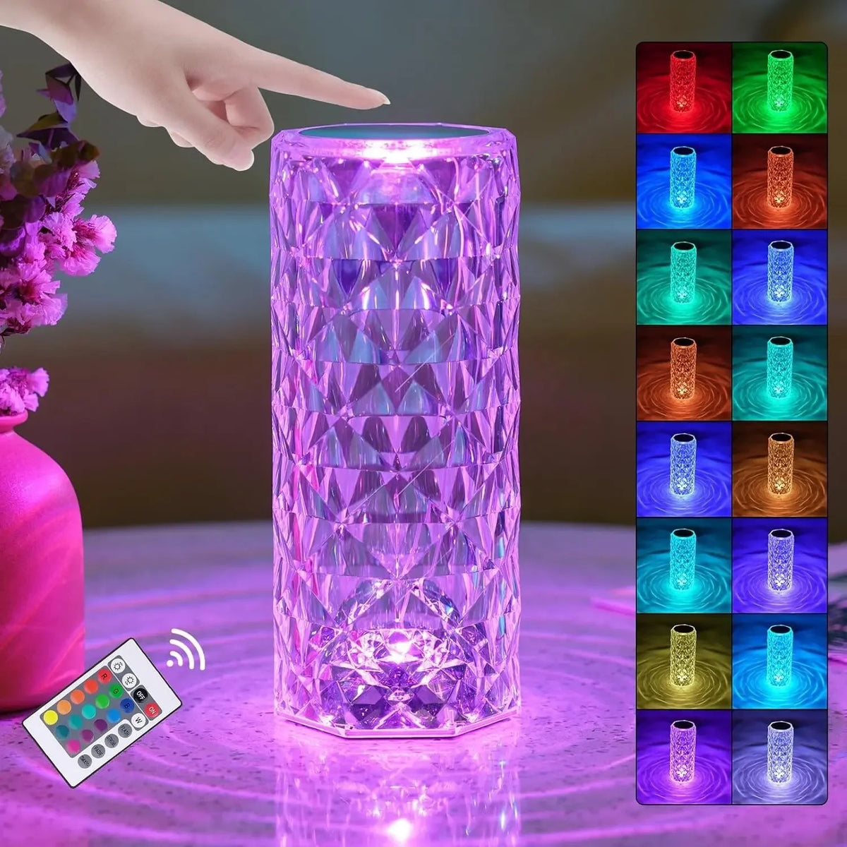 Crystal rose lamp glowing pink with its remote and 16 colour options