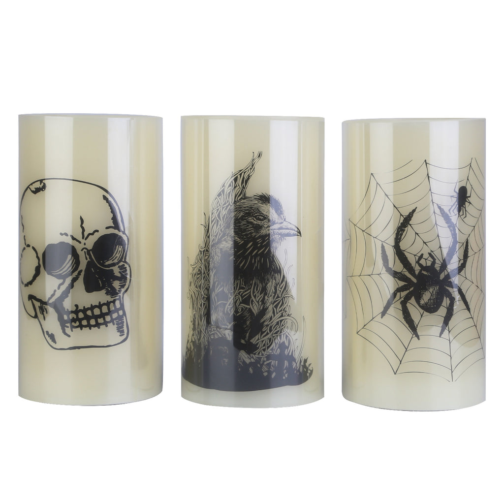 Spider, crow and skull flameless candle set of three