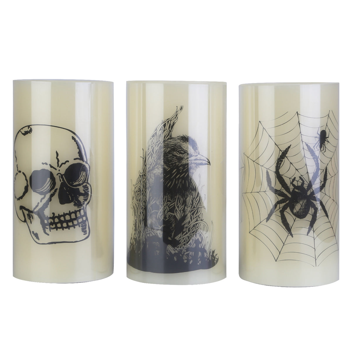 Spider, crow and skull flameless candle set of three