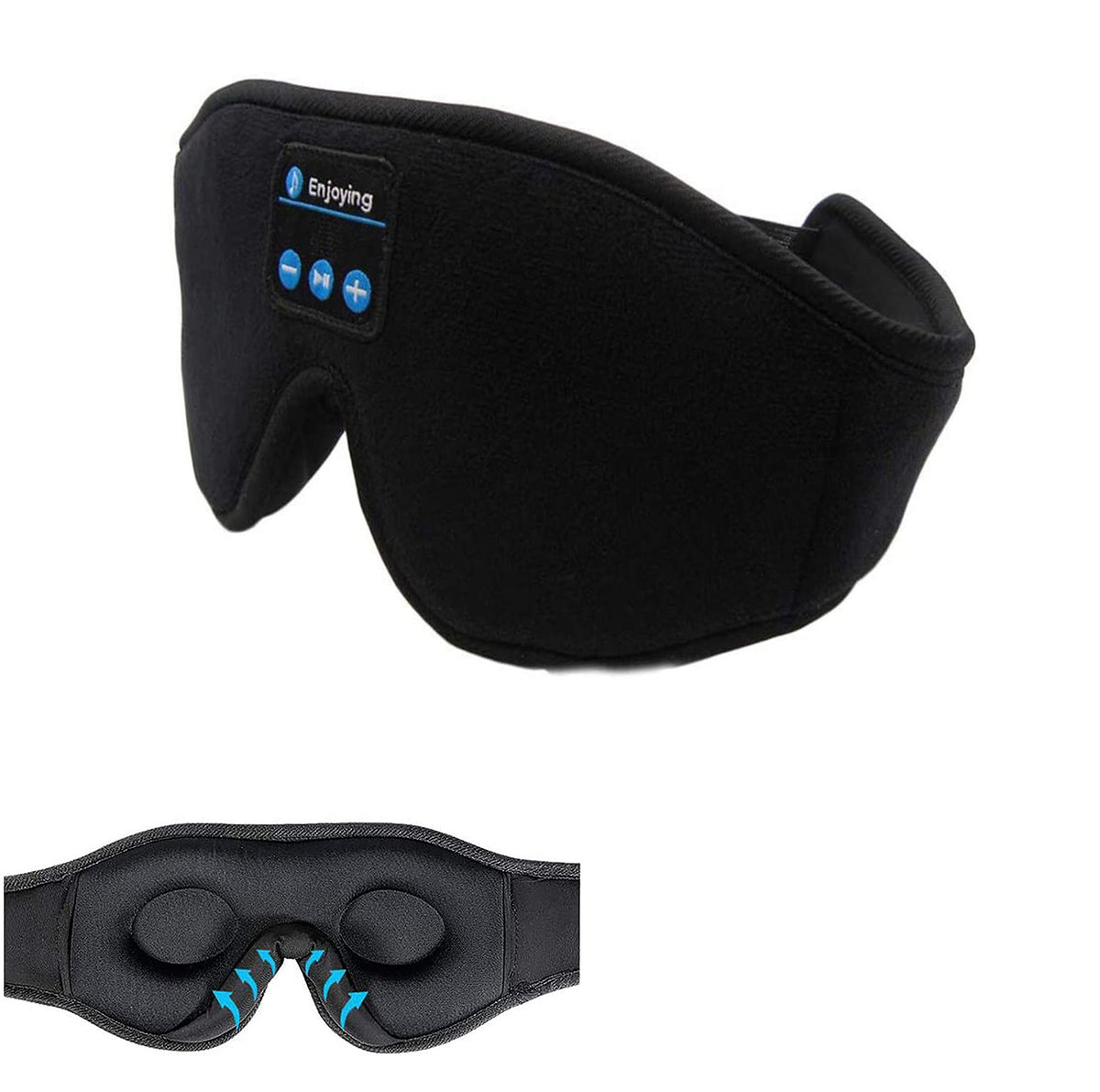 Blackout sleep mask with built-in Bluetooth controls on the side