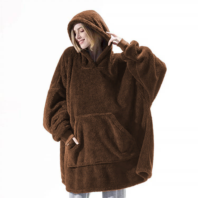 Wearable blanket hoodie in coffee brown, oversized fleece with hood and front pocket