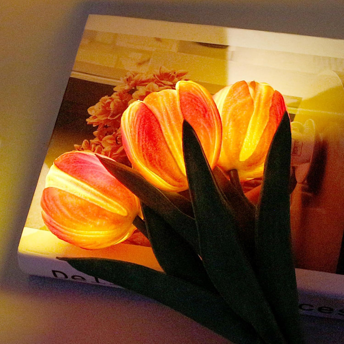 Close view of the warm orange tulip lamp, lit
