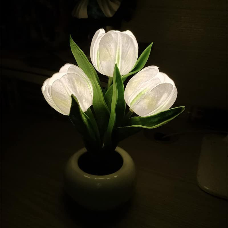 Tulip lamp in white, glowing in a dark room