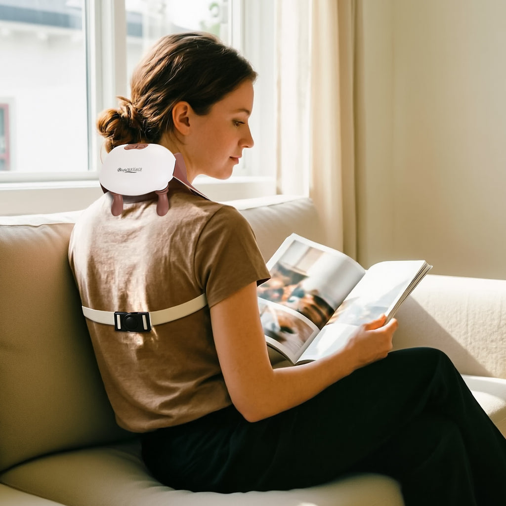 Cordless kneading neck and shoulder massager, close view of the heat and speed controls
