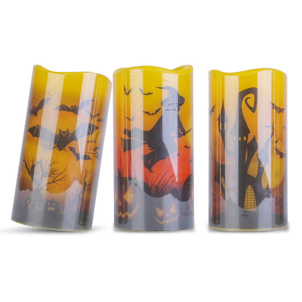 Witch, bat and castle flameless candle set of three