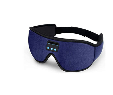 Blackout sleep mask with flat built-in Bluetooth speakers, worn view