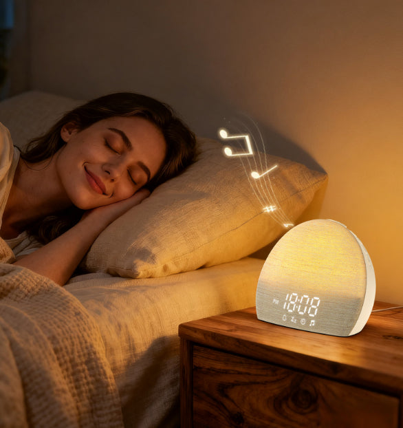 Sunrise alarm clock glowing warm on a nightstand beside a sleeping woman